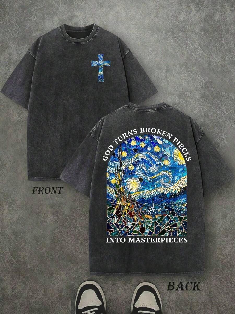 Retro Washed T-Shirt Double Sided Printed (230 Pure Cotton T-Shirt) 'GOD TURNS BROKEN PIECES' Letter Print, Christian Gift, Men's T-Shirt, Men's Casual, Comfortable, Fashionable T-Shirt, Street Style Cotton Fashion Design Soft Fabric Loose Fit Unisex Hip Hop Retro Street Style - 黑色 - 查看 1