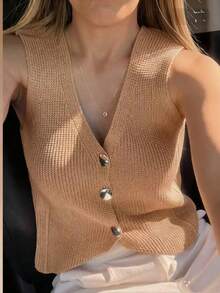 Nadia Women's Fashion Vest With Button - Beige - View 2