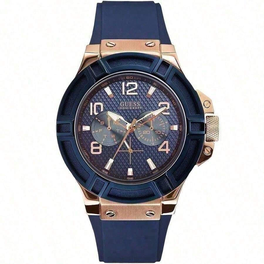 Guess Men's Quartz Chronograph Wrist Watch, Three-Hand Design, Durable Silicone Strap, Fashionable Sports Style, Suitable For Daily Wear - Blue - View 1