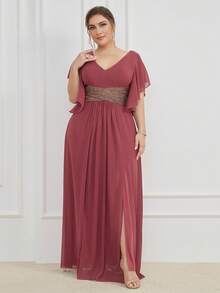 UNITHORSE 大码伴娘礼服，腰部亮片，下摆荷叶边，侧开衩，雪纺 - 紅木色 - 查看 2