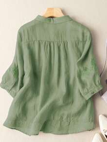 Camicia casual da donna a tinta unita con ricamo a fiocco di neve, vestibilità morbida, non elastica, adatta per l'estate