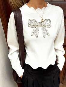 2025秋冬新款休闲时尚复古蝴蝶结毛衣仿珍珠亮片套头衫纯色长袖上衣外出返校万圣节圣诞节秋冬 - 白色 - 查看 3