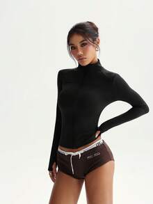 女士修身透气运动套装，适合户外跑步，防紫外线，拉链弹力简约修身时尚性感高品质基础街头风弹力休闲独特配色提亮肤色优雅紧身保暖长袖瑜伽外套黑色春季 - 黑色 - 查看 6