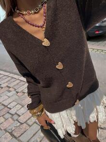 SEREN V-Neck Long Sleeve Loose Knit Cardigan, Women's New Designer Fashion Piece With Metal Heart Button Decor, Casual Soft Everyday Jacket Sweater, Suitable For Valentine's Day - Coffee Brown - View 8