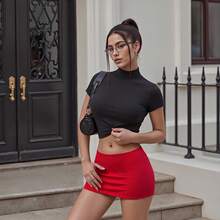 Women's Fashion Mini Skirts Solid Color Low Waist Short Skirts Summer Casual Bodycon Skirts Streetwear - 紅色 - 查看 7