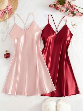 2 Pieces Set Of New Women's Sexy Lingerie Cross-Back Adjustable Straps Backless V-Neck Dress Plain Color Loose And Comfortable Satin Nightgown