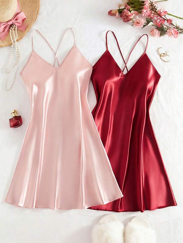 2 Pieces Set Of New Women's Sexy Lingerie Cross-Back Adjustable Straps Backless V-Neck Dress Plain Color Loose And Comfortable Satin Nightgown