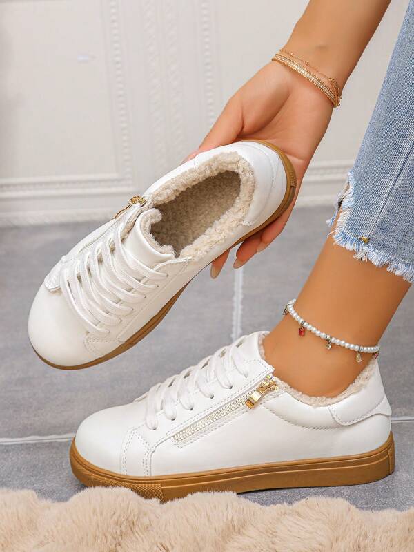 Zapatos deportivos casuales gruesos y cálidos para mujer, con suela amarilla retro, de piel sintética blanca con cordones y cremallera lateral, para uso en interiores y exteriores