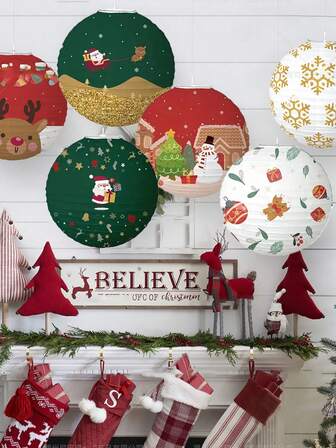 Set de 6 linternas navideñas (30 cm) Linternas de papel DIY con diseños de Papá Noel, renos y árboles de Navidad para decoración de fiestas, hogar y fondos de fiesta navideña