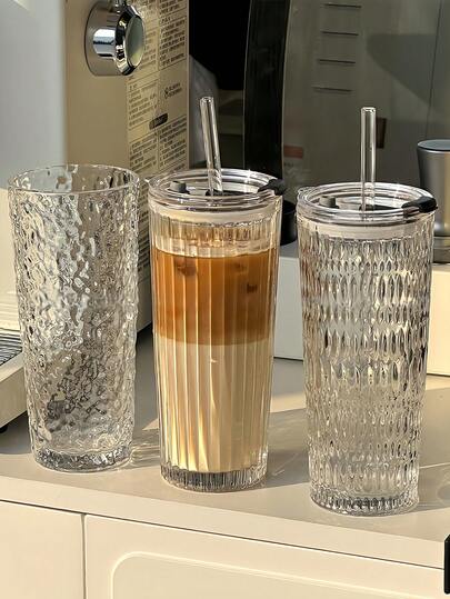 1pc High-Quality Transparent Iced Coffee/Americano/Latte Glass Cup, Large Capacity With Lid And Straw, Office Water Cup