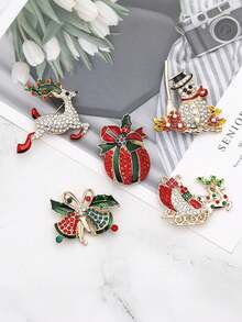 1/5 Piezas de broches de Navidad con diamantes incrustados - Alfileres florales creativos - Manzana roja, muñeco de nieve, campana, alce de dibujos animados - Broches para damas - Regalo de Navidad perfecto