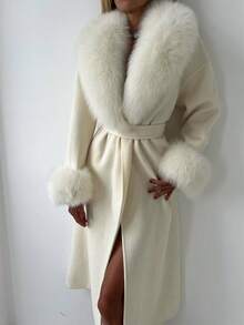 Glamful Elegant Chic Minimalist Business Commute Women's Coat, Solid Color Waist Belt Faux Fur Patchwork Long Coat, Winter Outerwear For Women, New Year Clothes - Apricot - View 4