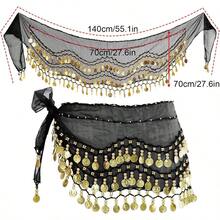 YYC Women Belly Dance Hip Scarf With Sequins Coins Belly Dancing Skirts Wrap For Bellydance Halloween Performance Costume Fashion - 黑色 - 查看 3