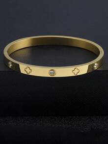 1pc Classic Open Titanium Steel Non-Fading Bracelet, Men's Four-Leaf Zirconia Stone Bracelet, Men's Jewelry - Four-leaf Clover Bracelet - View 8