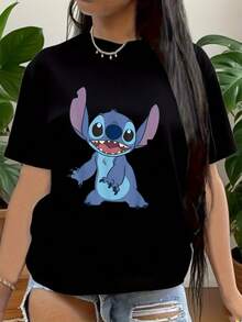 Stitch T-Shirt, Disneyland Shirt,  Stitch Ohana Pattern T-Shirt,  Stitch And Friends Print Shirt,  Cartoon Character Top Suitable For Birthday Gifts, Ideal For Holiday Party, Sports And Travel, 220g - 黑色 - 查看 1