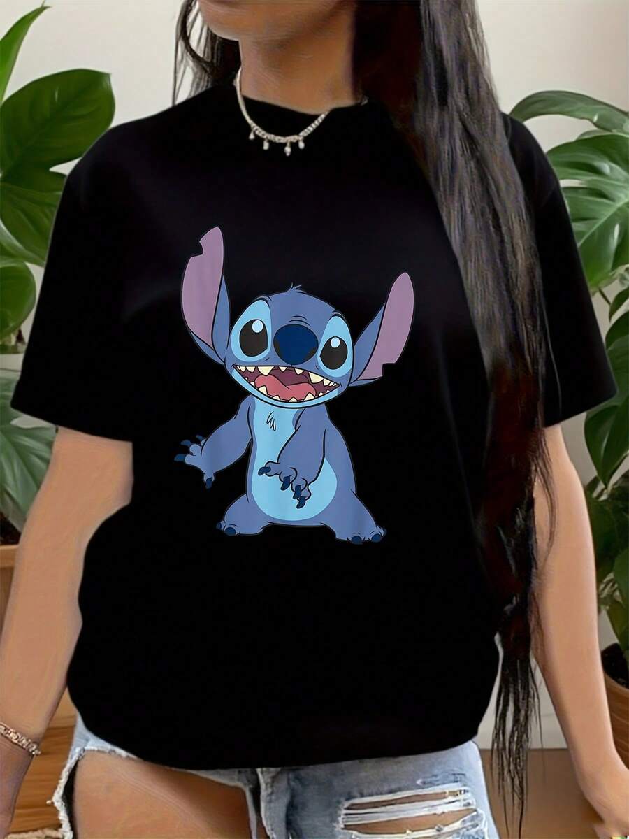 Stitch T-Shirt, Disneyland Shirt,  Stitch Ohana Pattern T-Shirt,  Stitch And Friends Print Shirt,  Cartoon Character Top Suitable For Birthday Gifts, Ideal For Holiday Party, Sports And Travel, 220g - 黑色 - 查看 1