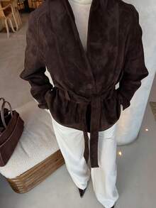 1pc Women Solid Color Faux Suede Jacket With Pockets, Belt And Buttons, Suitable For Spring And Autumn - Rust Brown - View 6