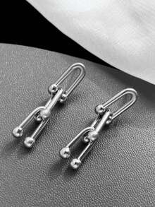 1 Pair Fashionable Stainless Steel Horseshoe Chain Earrings, Stylish Design, Available In Gold Color, Essential Jewelry For Women - Horseshoe Buckle Earrings - View 8