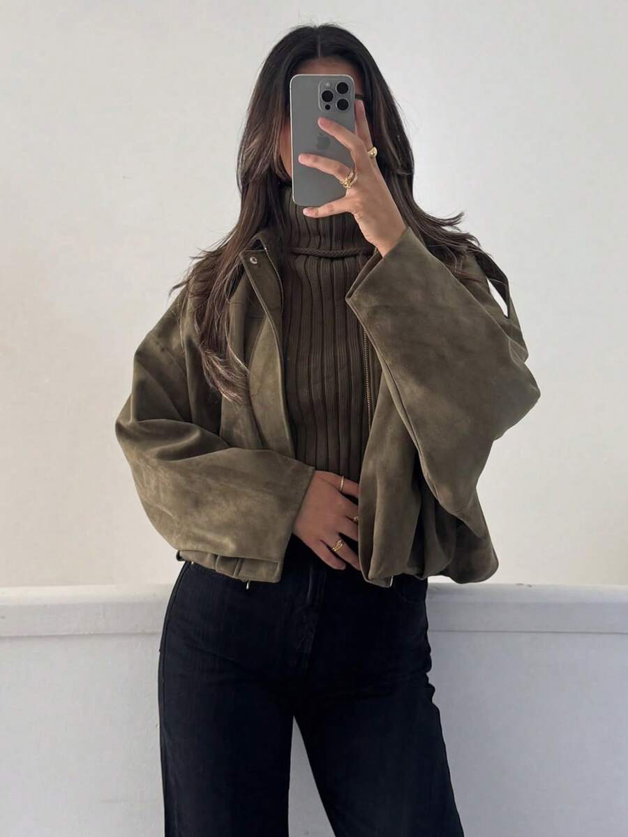 MUMRAP Women Casual Street Fashion Turndown Collar Jacket Vintage Long Sleeve Zipper Loose Coat - xanh quân đội - Xem 1