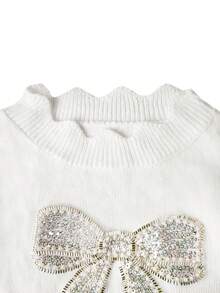2025秋冬新款休闲时尚复古蝴蝶结毛衣仿珍珠亮片套头衫纯色长袖上衣外出返校万圣节圣诞节秋冬 - 白色 - 查看 5