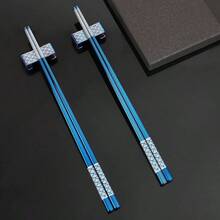 - Palillos reutilizables de acero inoxidable chapados en titanio con soporte, aptos para lavaplatos, juego de palillos ligeros de estilo japons azul - Azul - Ver 6