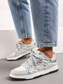 Doppel-Spitzen Chunky Sneakers - Lässige Frühlings-/Herbstschuhe für Damen - Silber - Übersicht 4