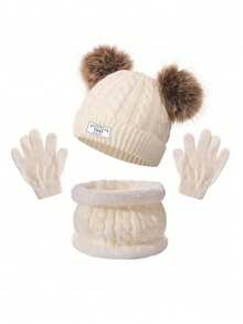 3pcs/Set Kids Warm Knitted Beanie Hat, Scarf And Gloves Set, Fashionable And Cold-Proof, Autumn/Winter - Double Ball 1947 - View 11