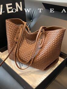 1 件 Low Tea 纯色 PU 皮革单肩包，女士休闲大容量全花卉图案手提包，双手柄，拉链开合，适合旅行、购物、约会、学生、办公室、学院、工作、通勤、户外、野餐