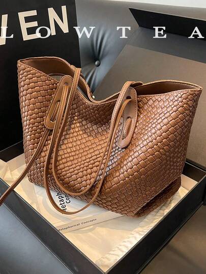 1pc Low Tea Solid Color PU Leather Shoulder Bag, Women Casual Large Capacity All-Over Floral Pattern Tote Bag With Dual Handles, Zipper Closure, Suitable For Travel, Shopping, Dating, Student, Office, Academy, Work, Commute, Outdoor, Picnic , Office Bag