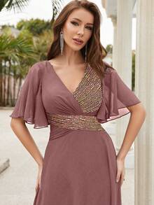 女式 V 领露背荷叶边袖交叉褶饰亮片拼接雪纺派对连衣裙 - 紅木色 - 查看 5