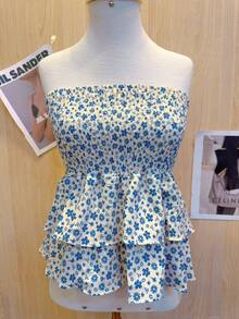 Cropped Top With Strapless Ruffled Print - Beige et bleu - Voir 1