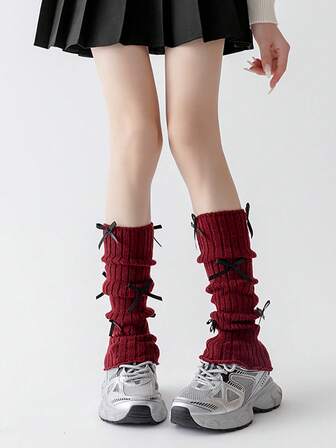 1 Pair Women's Cute Red Leg Warmers With Lolita-Style Floral Lace, Korean Fashion