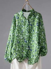 Christmas Women's Green Floral Print Long Sleeve Shirt Collar Shirt Front Button Woven Fabric Top, Regular Length