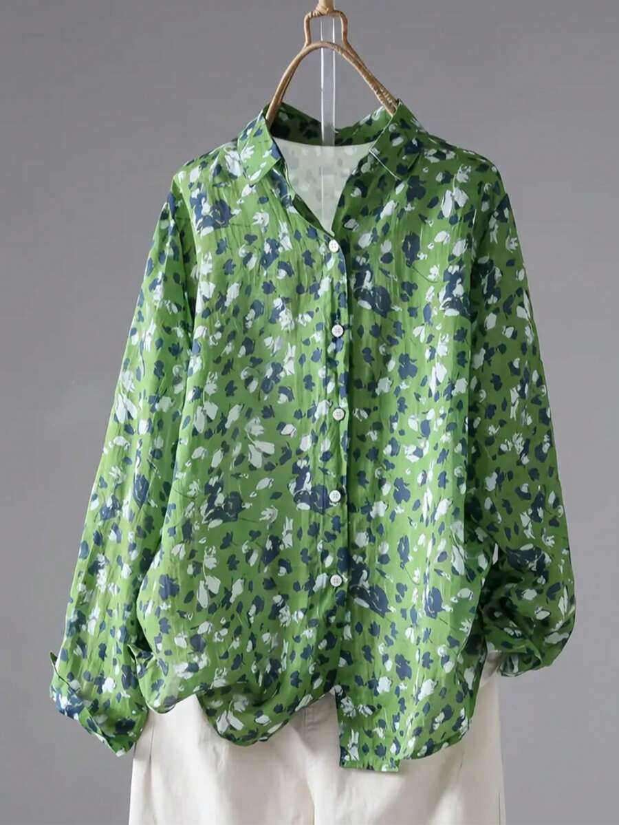 Christmas Women's Green Floral Print Long Sleeve Shirt Collar Shirt Front Button Woven Fabric Top, Regular Length