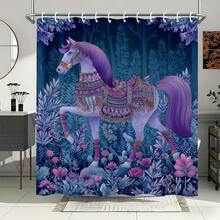 1Pc 71x71 Inches, 12 Hooks Included, Decorated Horse In Forest Shower Curtain - Magical And Floral Animal Art Print, Polyester Fabric, Perfect For Horse Lovers And Those Who Want A Enchanting Bathroom Decor | Enchanting, Floral | Polyester Curtain, Shower Curtains For Bathroom, Bathroom Decor | Magical, Animal - Themed Style - Màu tím 1216 - Xem 2