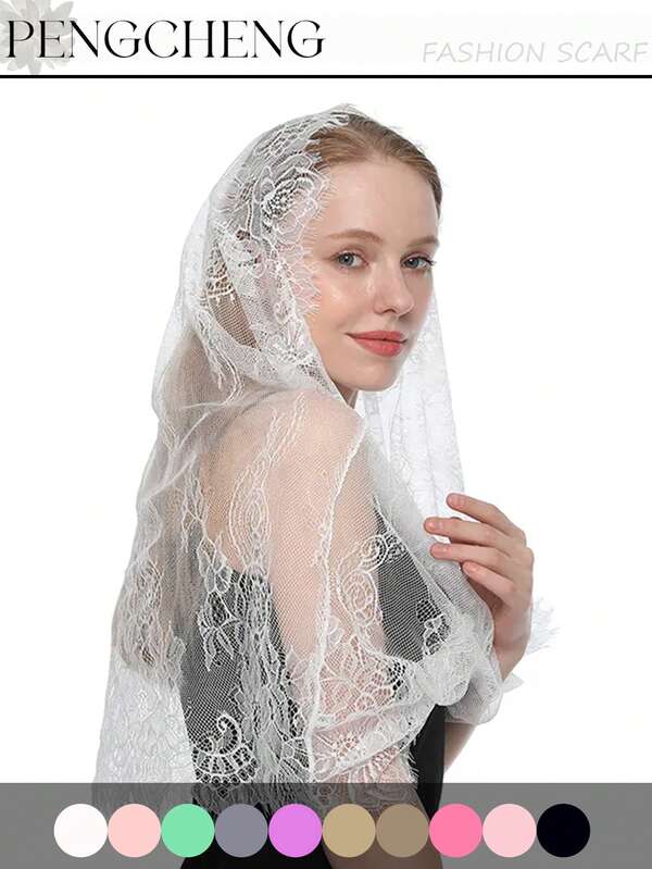 1pc Fashionable Solid Color Lace Veil, Lightweight Floral Embroidery Hollow-Out Shawl Scarf, Suitable For Church Prayer, Wedding Veil, Bridal Veil