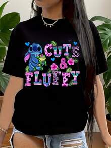 Stitch T-Shirt, Stitch Floral Pattern Shirt,  Stitch And Butterflies Print Shirt,  Cartoon Stitch Top,  Stitch Ohana Pattern T-Shirt, Suitable For Birthday Gifts, Ideal For Holiday Party, Sports And Travel, 220g - 黑色 - 查看 1