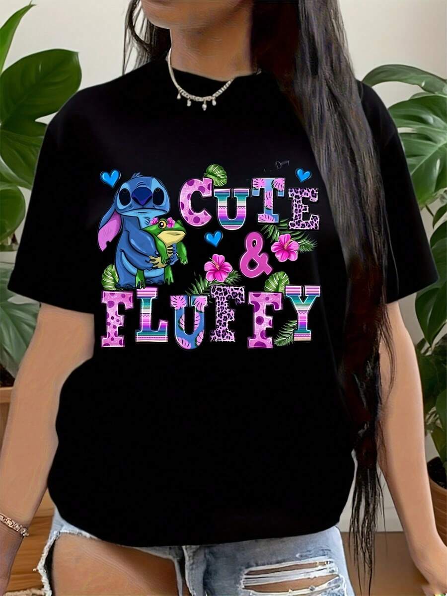 Stitch T-Shirt, Stitch Floral Pattern Shirt,  Stitch And Butterflies Print Shirt,  Cartoon Stitch Top,  Stitch Ohana Pattern T-Shirt, Suitable For Birthday Gifts, Ideal For Holiday Party, Sports And Travel, 220g - 黑色 - 查看 1