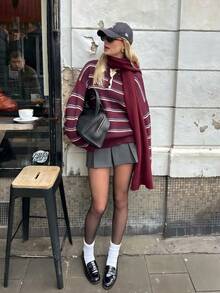 Suéter feminino casual para deslocamento, listrado, gola polo, solto, outono/inverno - Borgonha - Ver 2