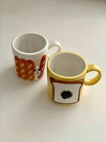 1pc Korean Ins Style Ceramic Mug, Cute Baguette Toast Cat Cup, Couple Breakfast Cup, Water/Milk/Coffee Cup