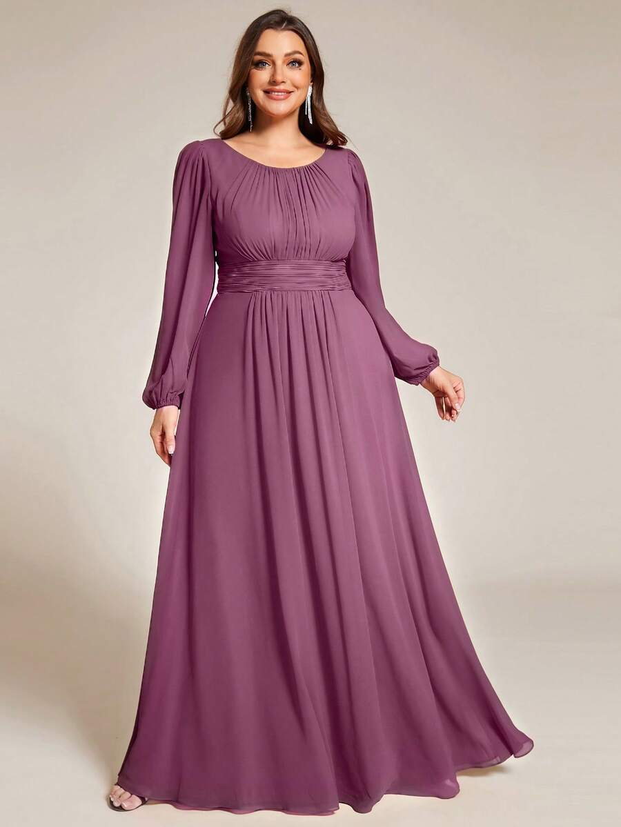 EVERPRETTY Plus Size Elegant Volang Chiffong Rund Hals Långärmad Lila Brudtärneklänning, Lämplig För Fest, Höst/Vinter Bröllopsgästkläder