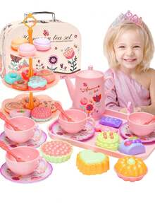 Tea Party Set For Toddlers & Little Girls Ages 3-6 – Princess Pretend Play Kitchen Toy With Tin Tea Set, Desserts & Carrying Case