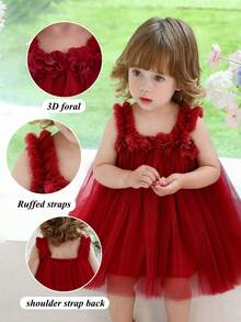 女婴酒红色3D立体花朵吊带薄纱连衣裙，圣诞派对优雅礼服，公主裙，适合一周岁生日、婚礼、派对、礼物、花童等场合，四季皆宜 - 酒紅色 - 查看 7