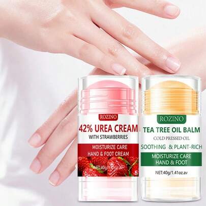 40g Strawberry Hand & Foot Balm + 40g Tea Tree Oil Hand & Foot Balm, Portable Solid Design, One Application Repairs Cracked Skin! Extracted Fresh Strawberry Essence, Blended With Shea Butter And Lanolin, Precisely Nourishes Rough Hands And Feet, Relieves Hangnails, Dryness And Cracks, Super Practical For Combating Dryness In Autumn/Winter. No Need To Wash Hands, Just Twist Out The Balm And Apply, Convenient To Carry In Pocket For Commuting And Travel