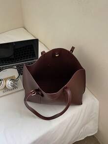 2 piezas Bolso de hombro de gran capacidad de mujer de unicolor con bordado de hilo y cierre a presión - Café integral - Ver 4