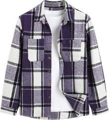 Men's Plaids Long Sleeve Button Down Lightweight Flannel Shacket Wool Blend Casual Shirt With Pockets, Vintage-Inspired Style - R3purple-0 - Xem 8