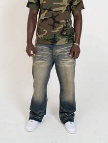 男士休闲修身浅蓝色牛仔裤，浅色水洗喇叭裤脚牛仔裤，九分时尚长款街头风，适合休闲穿着，可搭配夏季牛仔裤。 - 銅色 - 查看 4