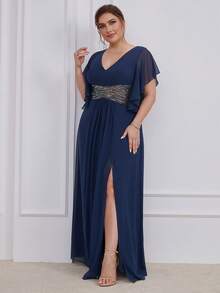 UNITHORSE Váy phù dâu cỡ lớn có eo sequin, viền xếp nếp và xẻ tà, chất liệu voan - Màu xanh hải quân - Xem 5