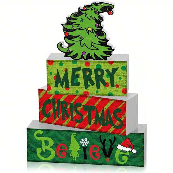 4 peças de decoração de mesa de madeira para o Natal, bandeja rústica em camadas, decoração verde e vermelha, bloco de madeira, presente, decoração de mesa de fazenda, peça central para decoração de feriados