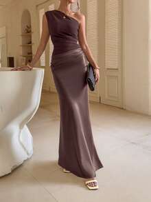 Vestido de satén de unicolor con escote en V, espalda descubierta, recorte de volantes asimétrico/asimétrico, elegante para fiesta, boda/playa, nuevo 2025